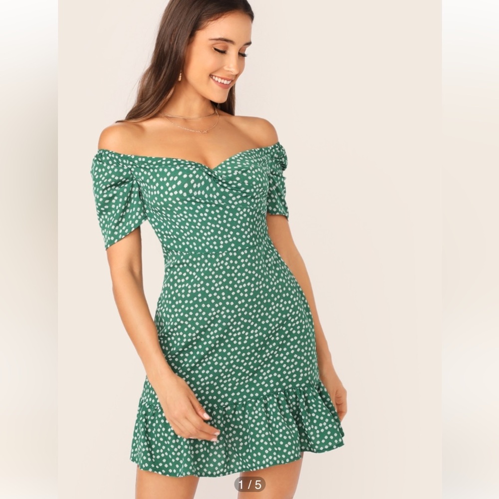 $2! 5 for $10 SHEIN Shoulder Wrap Front Ruffle Hem Green Ditsy Floral Dress Sz M